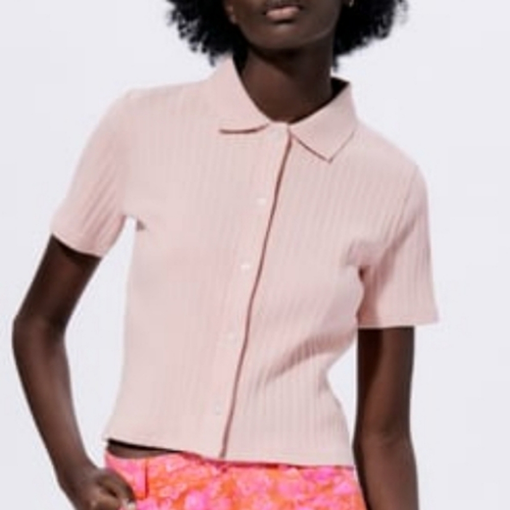 Zara Pink Button Down Ribbed Shirt L/XL  NWT
